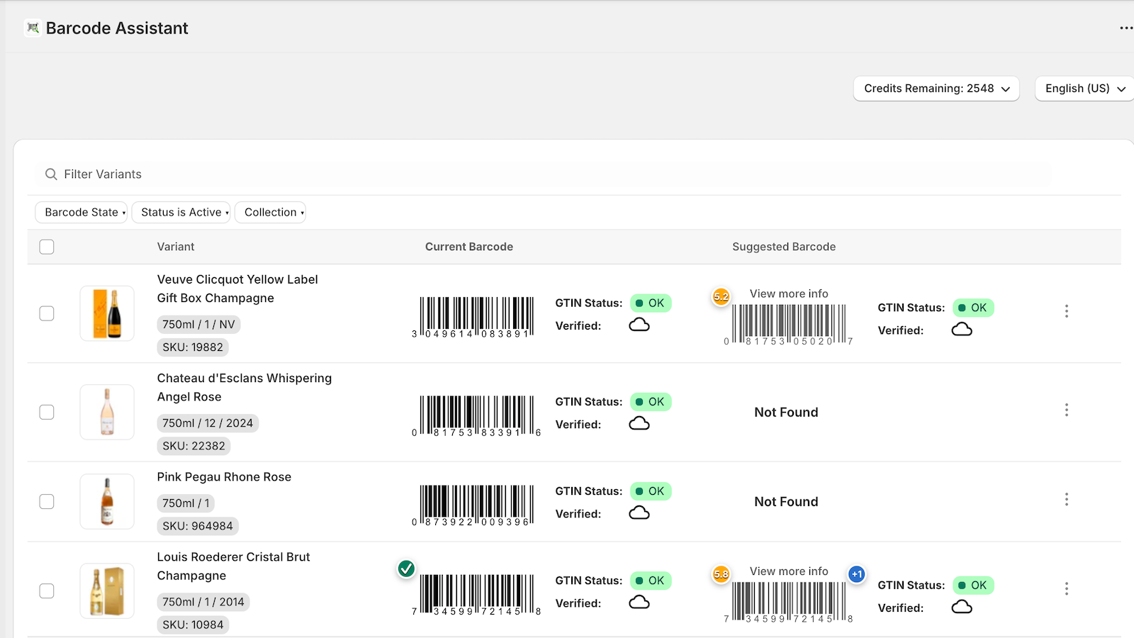 Current barcode compared against AI-suggested barcode with GTIN status
