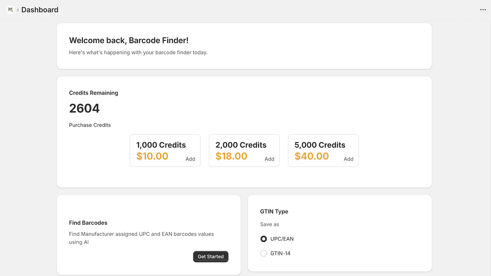 Barcode Finder dashboard with remaining credits, credit packs, and GTIN type setting