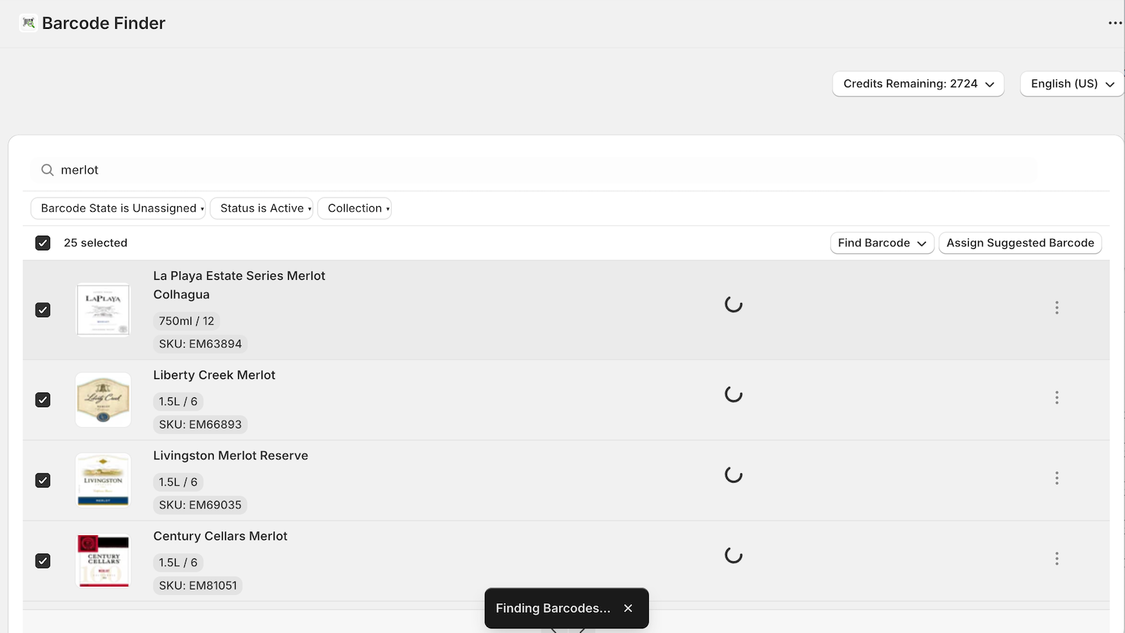 Barcode Finder searching for and assigning barcodes to products