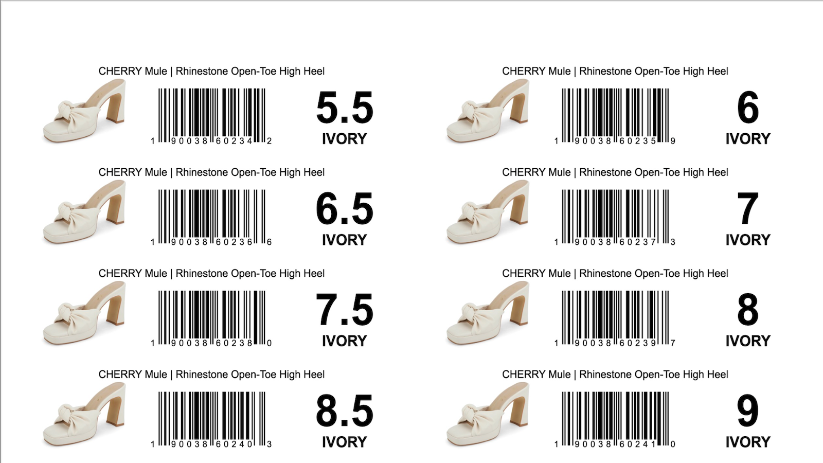 A printed sheet of product labels with images, barcodes, sizes, and colors
