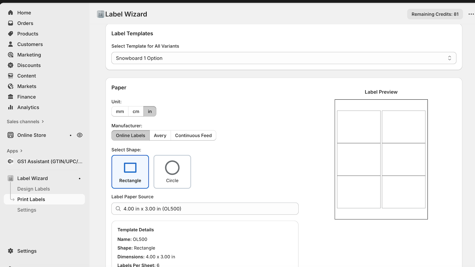 Paper and template configuration with Avery, Online Labels, and continuous feed options