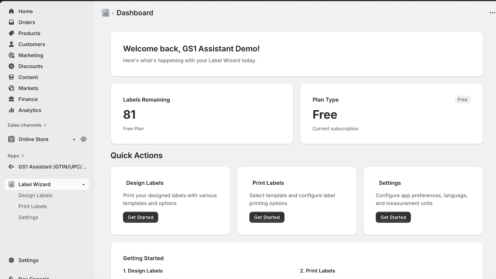 Label Wizard dashboard showing labels remaining, plan, and quick actions